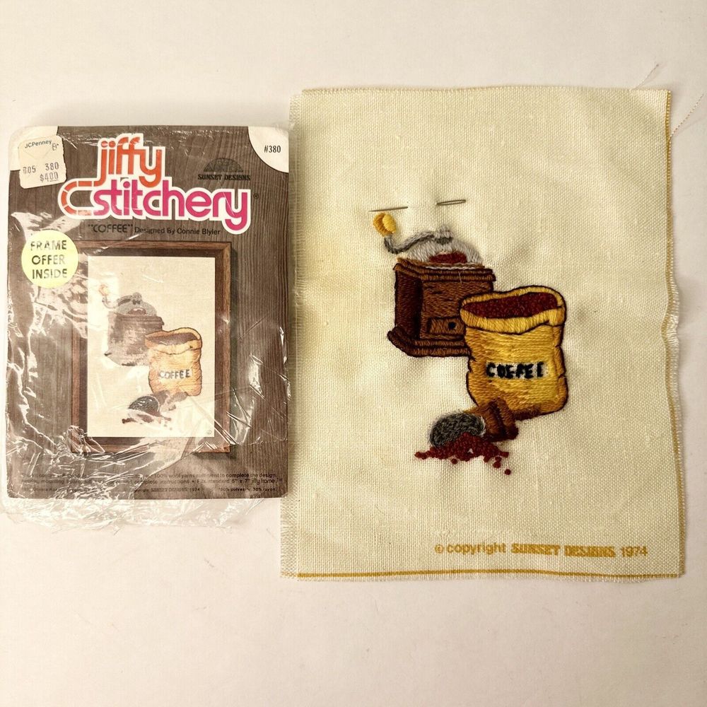 Vintage 1970's Jiffy Stitchery Coffee Needlepoint Kit Wool Yarn 5 x 7" Completed